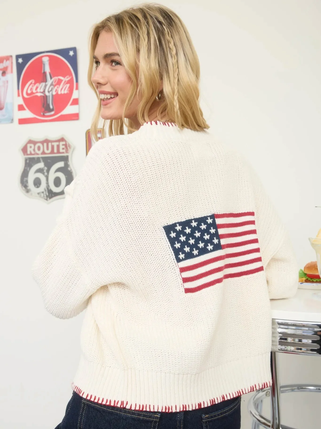 American Flag Contrast Stitch Knit Cardi