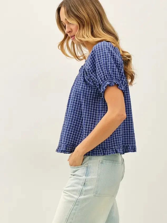 Checkered Puff Sleeve Top - Image 2