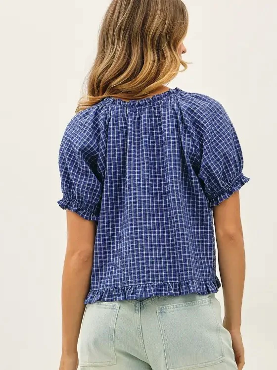 Checkered Puff Sleeve Top - Image 3