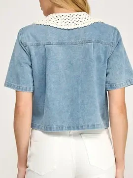 Crochet Collar Boxy Denim Top - Image 3