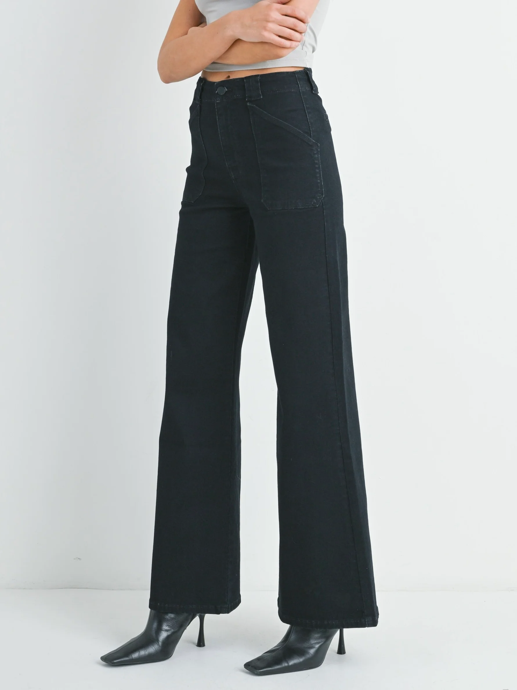 Just Black Denim : Patch Pocket Wide Leg Flare Jean - Image 3
