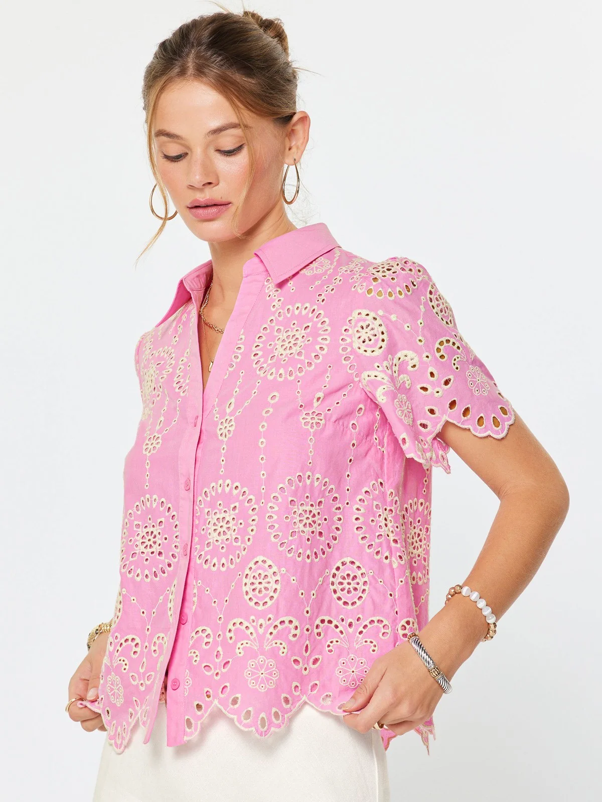 Eyelet Short Sleeve Button Down Top - Image 3