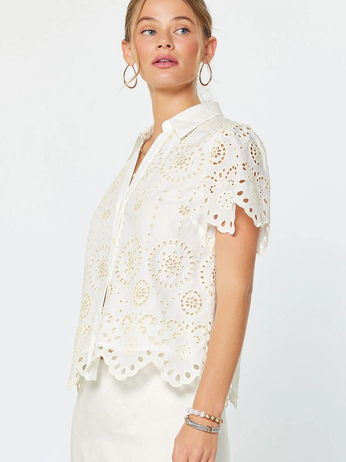 Eyelet Short Sleeve Button Down Top - Image 4