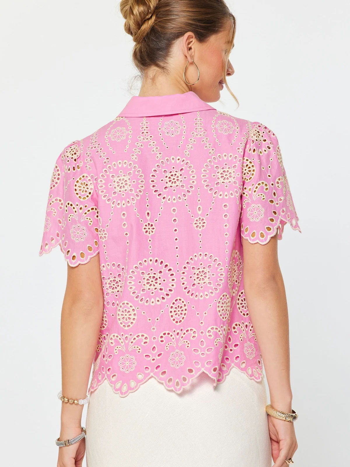 Eyelet Short Sleeve Button Down Top - Image 5