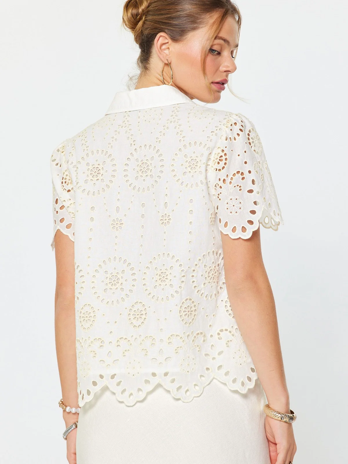 Eyelet Short Sleeve Button Down Top - Image 6
