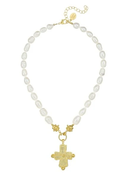 Susan Shaw Gold Cross Pearl Necklace with Extender