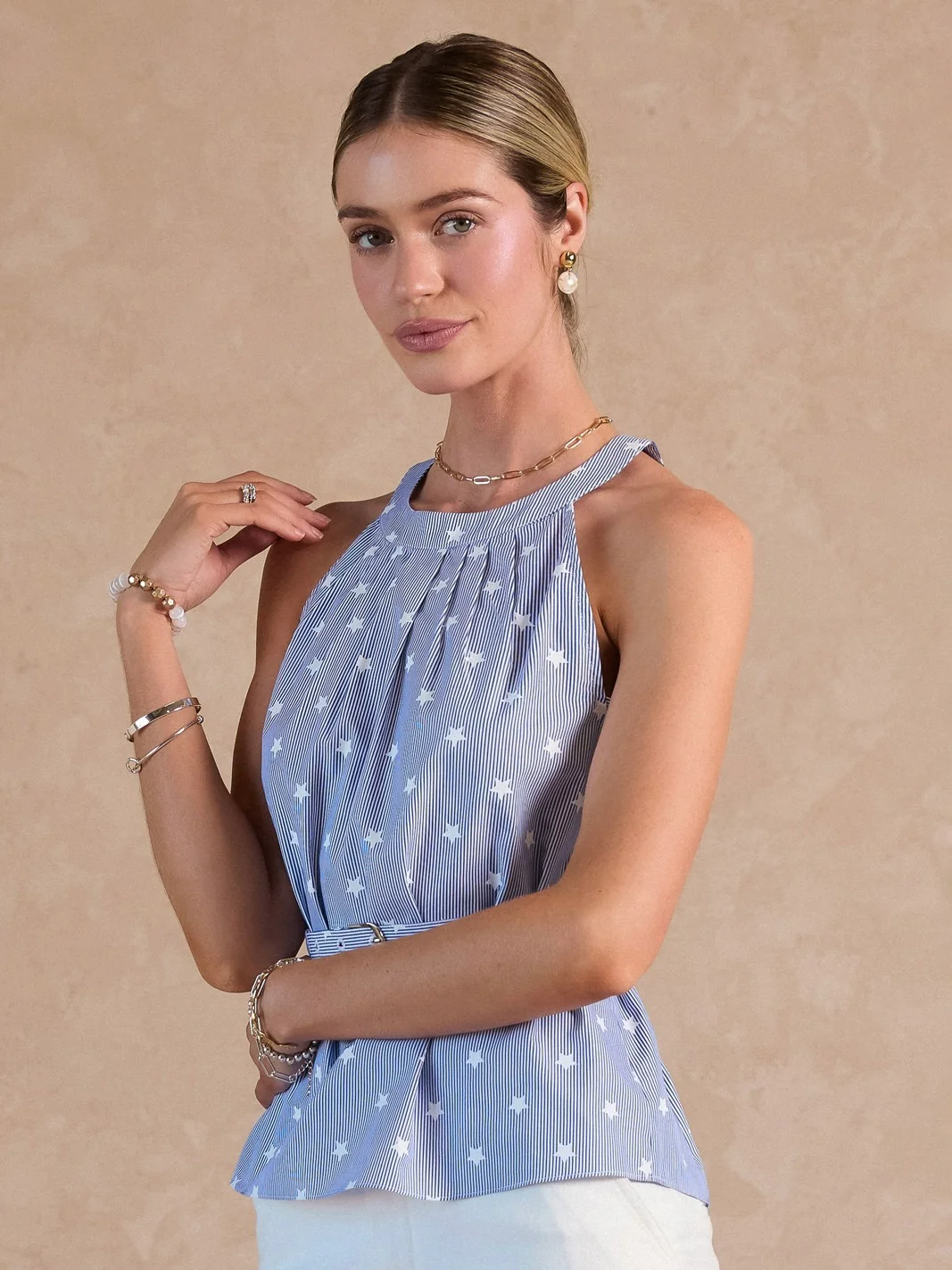 Pinstripe Star Belted Halter Top - Image 2
