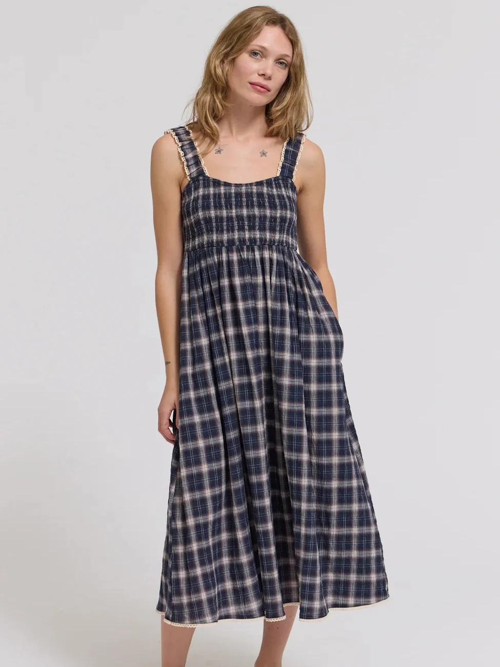 Plaid Smocked Midi Dress
