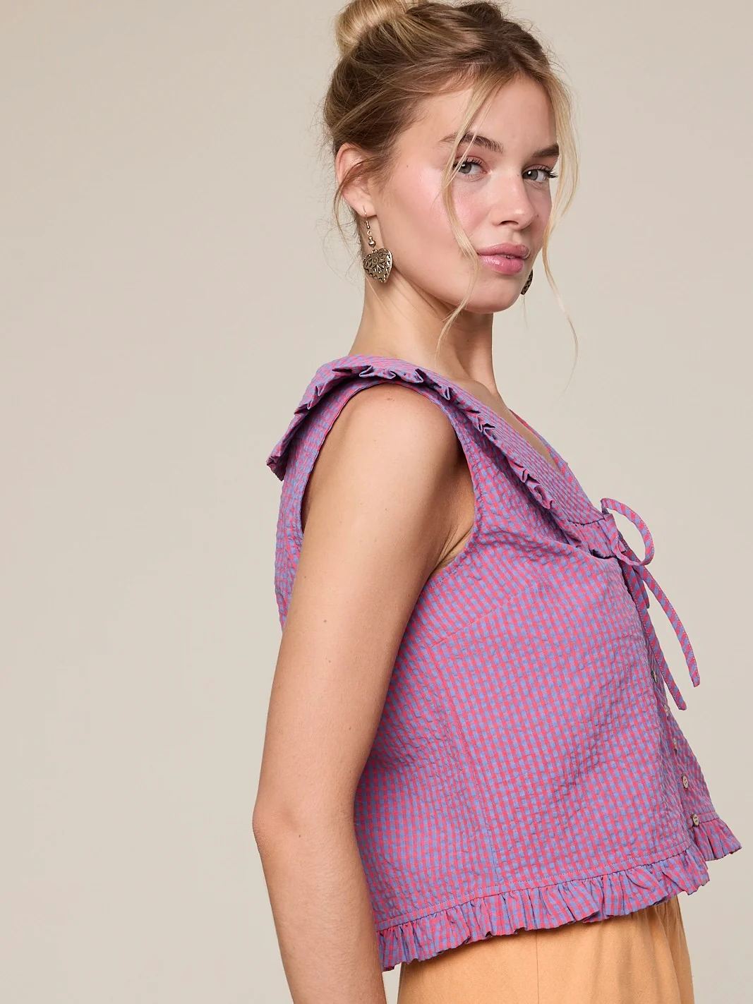 Ruffled Collar Plaid Blouse - Image 3