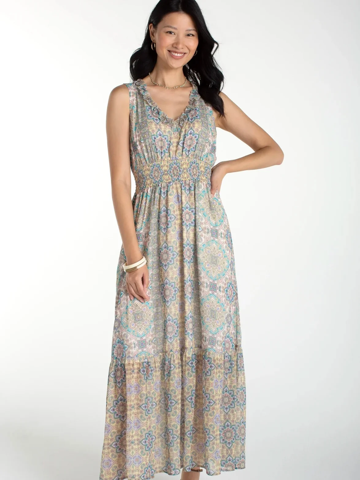 Liverpool Sleeveless Smocked Waist Woven Maxi Dress - Image 3