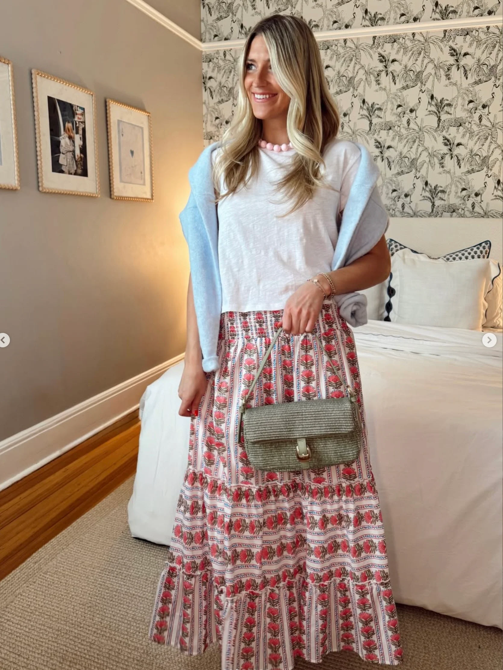 Smocked Waist Floral Pattern Long Skirt