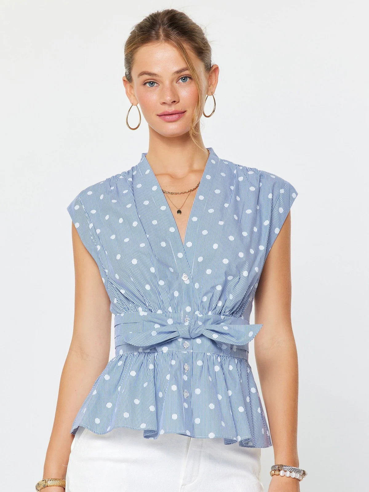 Striped Polka Dot Peplum Blouse