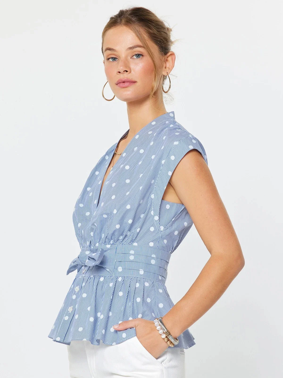 Striped Polka Dot Peplum Blouse - Image 2