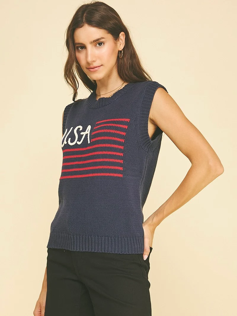USA Graphic Flag Sleeveless Sweater Top - Image 2